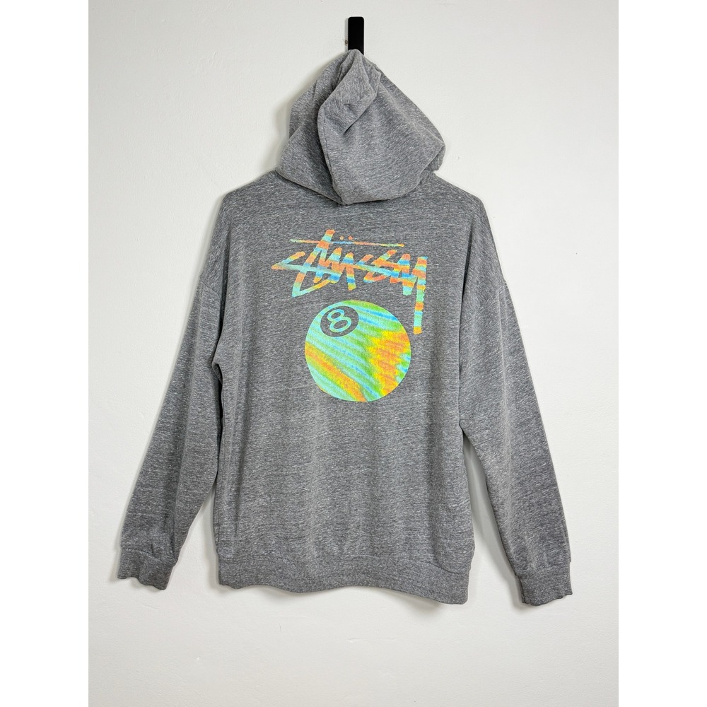 Stussy 8-Ball Graphic Hoodie Mens L Grey Streetwear Pullover Sweatshirt Made USA